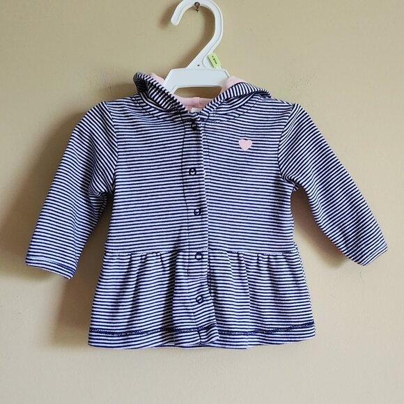 Carters Blue & White Striped Pink Heart Hooded Jacket Size 3 Months NWOT - Picture 1 of 5